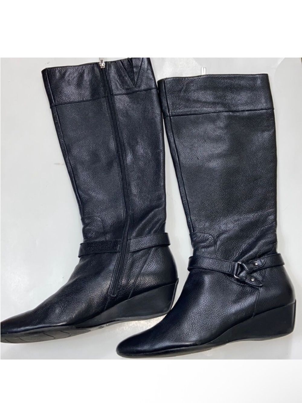 Joan & David Black Leather Knee-High Wedge Boots Size 9.5M